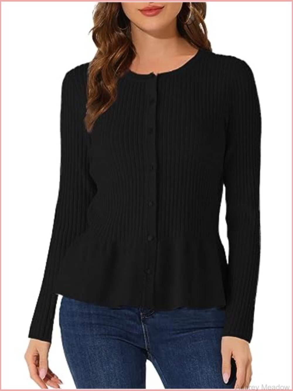 Long Sleeve Cardigan Peplum Sweater Crew Neck Button Tops Knit Ribbed Elegant - Picture 2 of 7